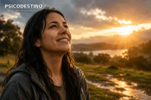 Mujer con lágrimas y una sonrisa suave después de la lluvia, mientras la luz del sol simboliza alivio, esperanza y regulación emocional.