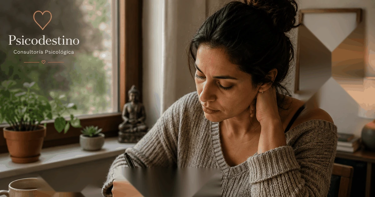 Mujer escribiendo en una libreta junto a una ventana, en un momento de introspección y contacto emocional, como símbolo de reconocer y procesar emociones atrapadas.