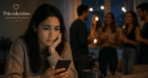 Mujer mirando el teléfono con ansiedad mientras un grupo de amigos conversa al fondo, representando la comparación social y el miedo a quedar afuera.