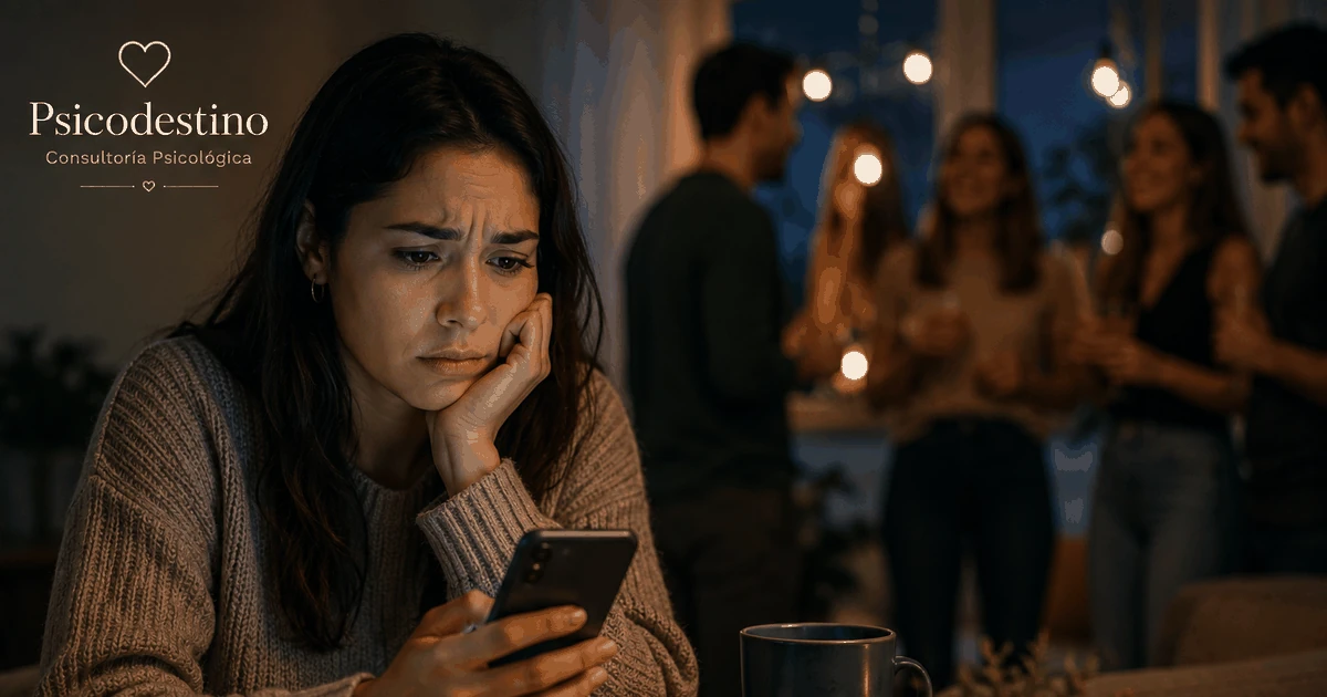 Mujer mirando el teléfono con ansiedad mientras un grupo de amigos conversa al fondo, representando la comparación social y el miedo a quedar afuera.