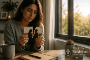 Mujer sosteniendo una fotografía de pareja partida mientras reflexiona junto a una ventana, símbolo del dolor, la pérdida de confianza y la traición.