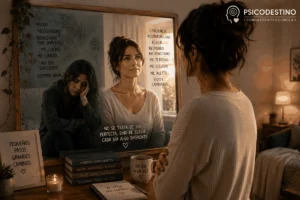 Mujer frente a un espejo que refleja una versión atrapada en patrones antiguos y otra más consciente, simbolizando cambio, responsabilidad y transformación.