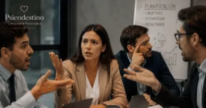 Mujer intentando participar en una reunión laboral mientras varios hombres hablan por encima de ella, representando misoginia cotidiana y desvalorización de su voz.