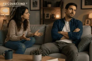Pareja sentada en extremos opuestos de un sofá: una persona intenta hablar mientras la otra cruza los brazos y pone los ojos en blanco, representación del desprecio y la falta de escucha.