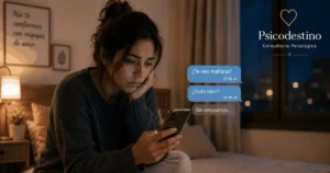 Mujer mirando el teléfono con tristeza mientras espera una respuesta, simbolizando la ansiedad, la ambigüedad y el desgaste de una relación indefinida.