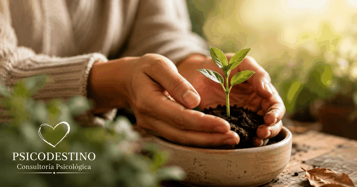 Manos cuidando una pequeña planta que comienza a crecer, símbolo de una recuperación emocional gradual que necesita tiempo, paciencia y cuidado.