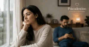 Mujer mirando por la ventana con expresión de tristeza mientras su pareja permanece absorta en el teléfono, reflejando distancia e invisibilidad emocional.