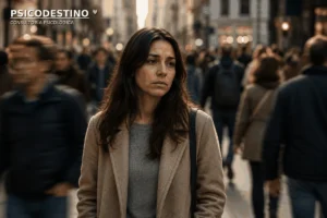 Mujer en primer plano con expresión de desconexión mientras una multitud pasa desenfocada a su alrededor, representación del vacío emocional y la soledad interna.