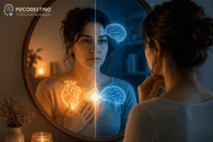 Mujer frente a un espejo dividido entre luz cálida y fría, con símbolos de corazón y cerebro que representan la integración entre emoción y razón.