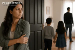 Madre con expresión firme y protectora en primer plano, mientras dos niños permanecen juntos y una figura masculina se aleja al fondo, representación simbólica de la violencia vicaria.