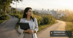 Mujer profesional latinoamericana observa dos caminos al atardecer mientras sostiene una carpeta, simbolizando la evaluación de oportunidades.
