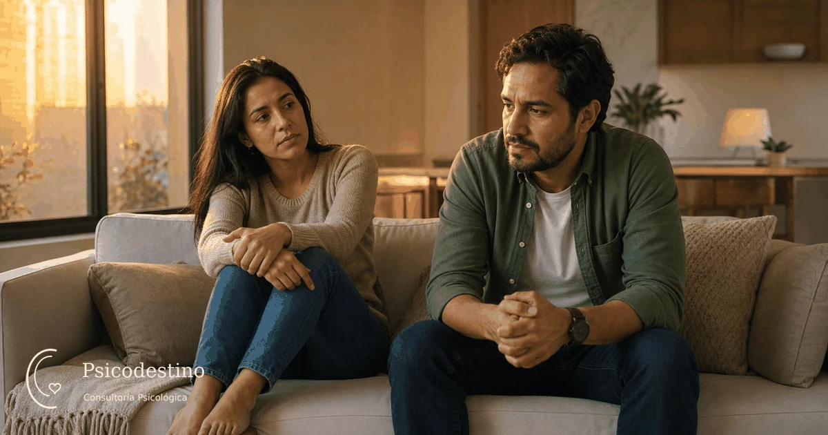 Pareja latinoamericana sentada con distancia emocional en un living cálido, reflejando el temor al abandono asociado al apego ansioso.