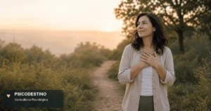Mujer latinoamericana en un sendero al amanecer, con las manos sobre el pecho, en una escena serena que representa coherencia y conexión personal.