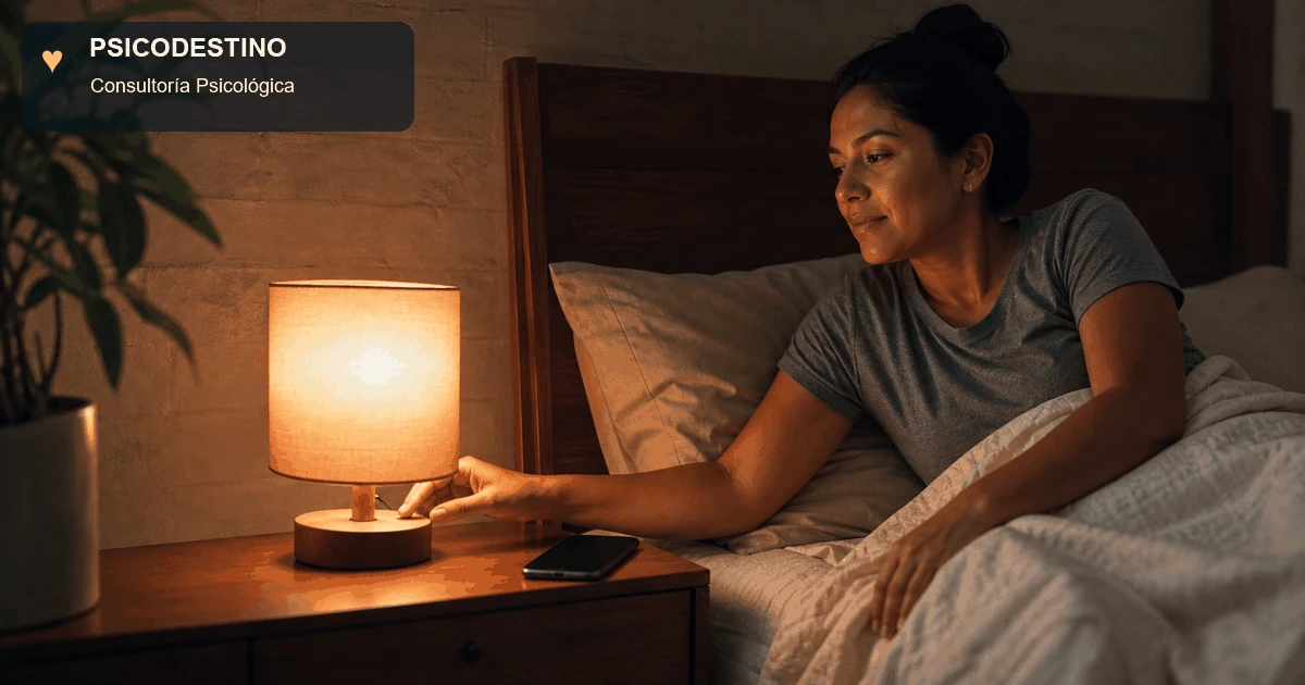 Mujer latinoamericana apaga una lámpara junto a la cama y deja el teléfono a un lado, realizando una práctica nocturna para cerrar el día.