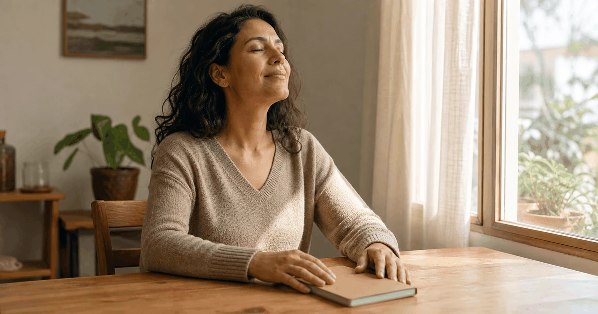 Mujer latinoamericana respira con serenidad junto a una ventana, con las manos apoyadas sobre un cuaderno cerrado en una mesa de madera.