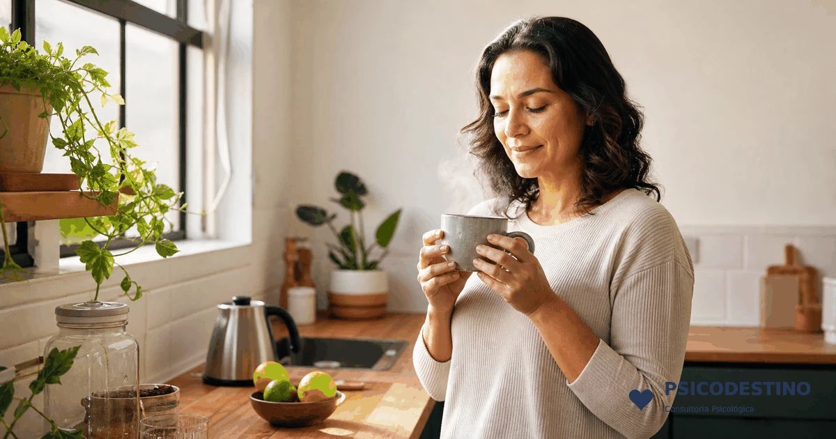Mujer latinoamericana observa con serenidad una taza caliente en una cocina luminosa mientras practica atención plena en su rutina diaria.