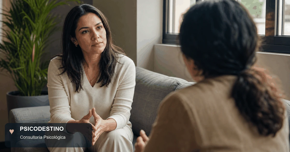 Mujer latinoamericana mantiene una conversación difícil con postura serena y manos unidas, representando la recuperación de la voz emocional.