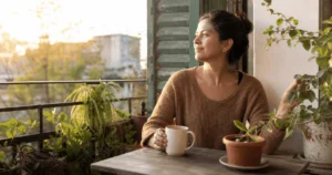 Mujer adulta latinoamericana contempla la luz del amanecer entre plantas, con una taza en la mano, en una pausa de conexión interior cotidiana
