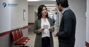 Trabajadora argentina practica una conversación laboral difícil con un colega en un hospital público de Córdoba.