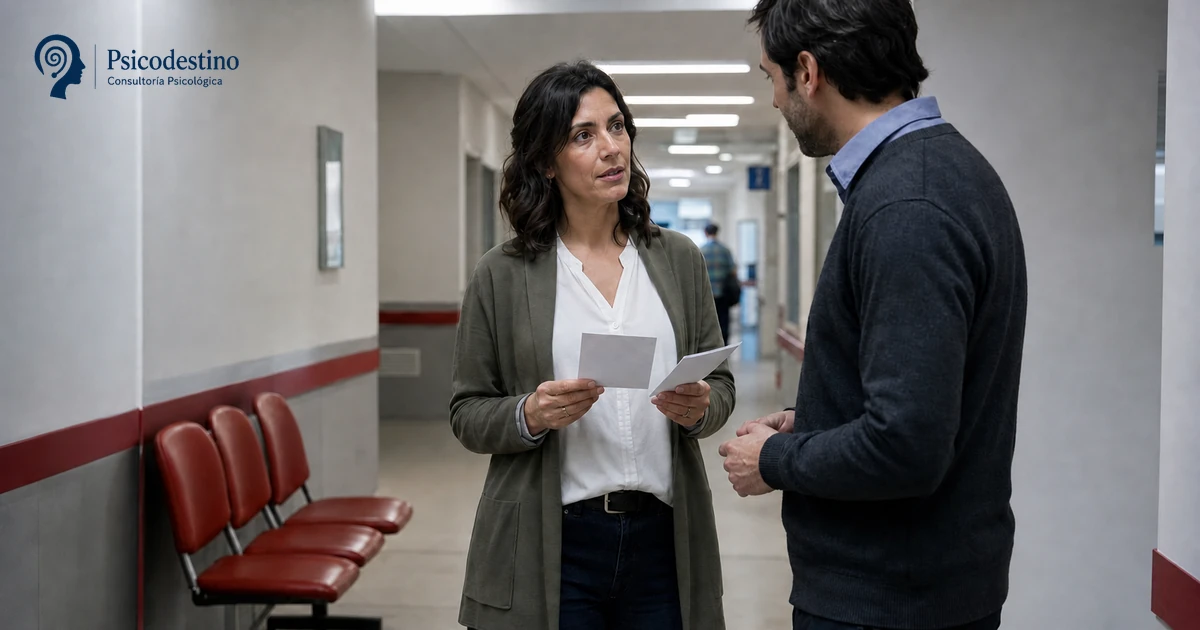 Trabajadora argentina practica una conversación laboral difícil con un colega en un hospital público de Córdoba.