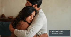 ujer latinoamericana recibe un abrazo con expresión vulnerable y contenida, en una escena íntima sobre el miedo a dejarse querer.
