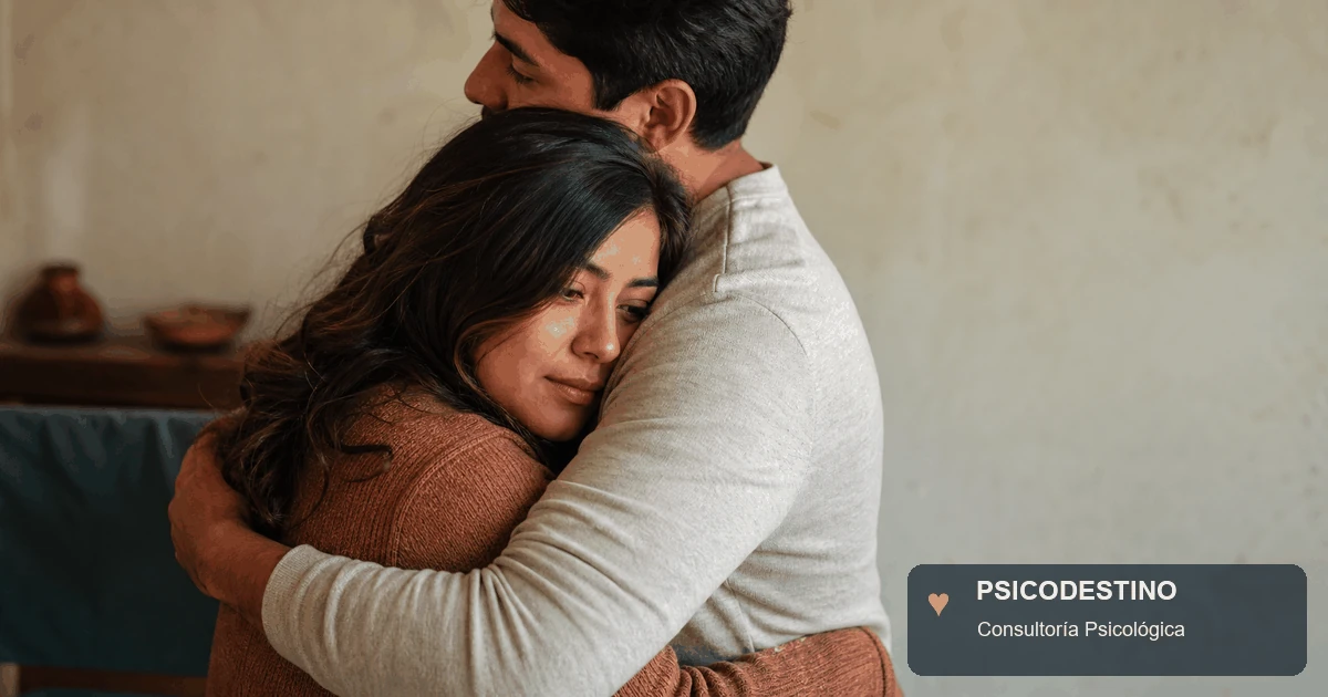 ujer latinoamericana recibe un abrazo con expresión vulnerable y contenida, en una escena íntima sobre el miedo a dejarse querer.