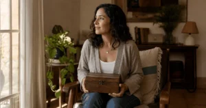 Mujer adulta latinoamericana sostiene una caja de recuerdos junto a una ventana, en una escena cálida que representa la integración del pasado emocional.