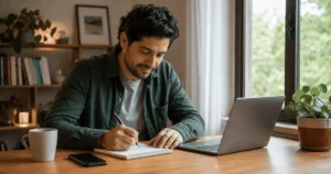 Hombre adulto latinoamericano comienza a escribir junto a su computadora y deja el teléfono a un lado, representando el paso del escape a la acción.