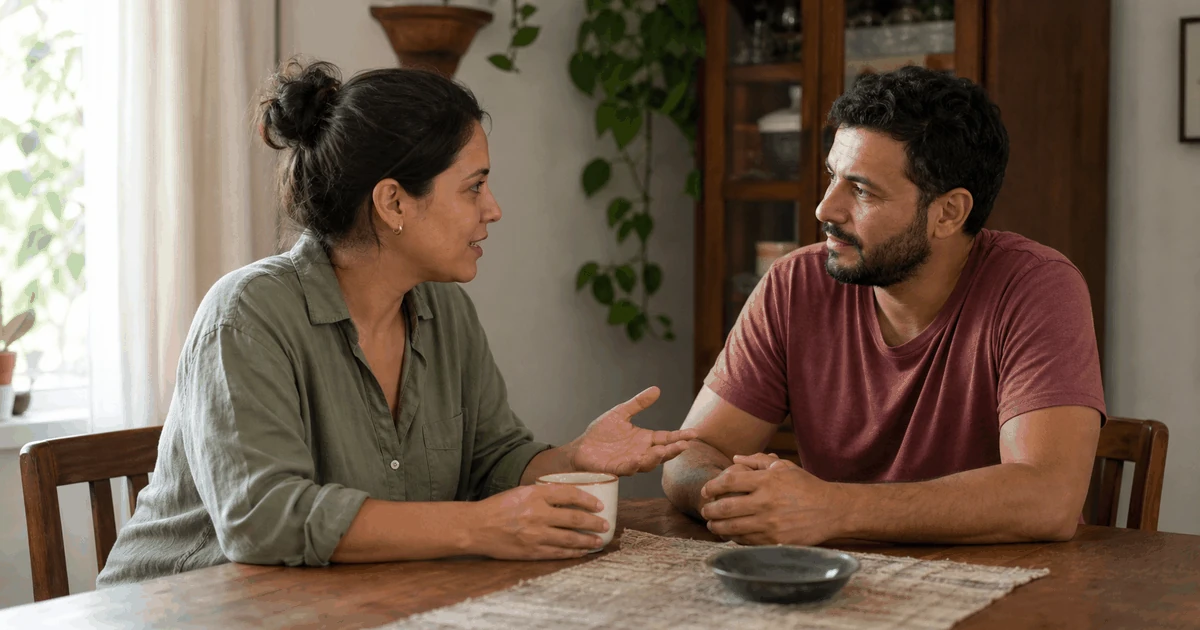 Dos personas adultas latinoamericanas conversan con serenidad en una mesa, mientras una expresa su necesidad y la otra escucha con atención.
