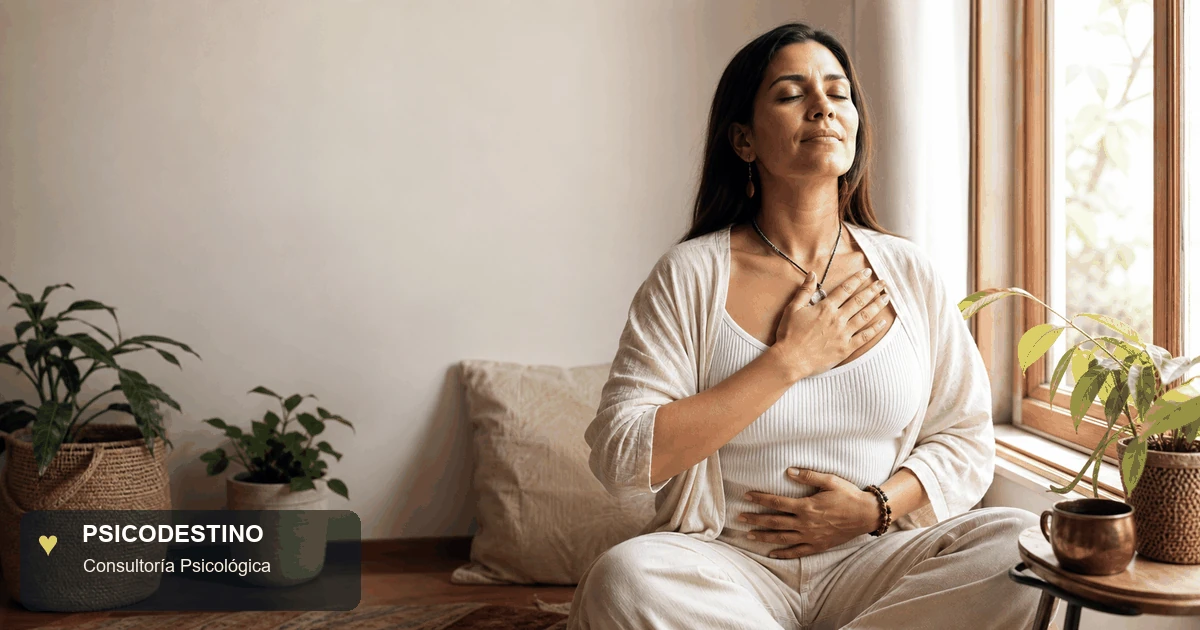 Mujer latinoamericana respirando junto a una ventana, con una mano en el pecho y otra en el abdomen, conectada serenamente con su cuerpo.