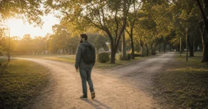 Hombre adulto latinoamericano avanza ante dos senderos en un parque al amanecer, una escena que representa decisión, incertidumbre y cambio personal.