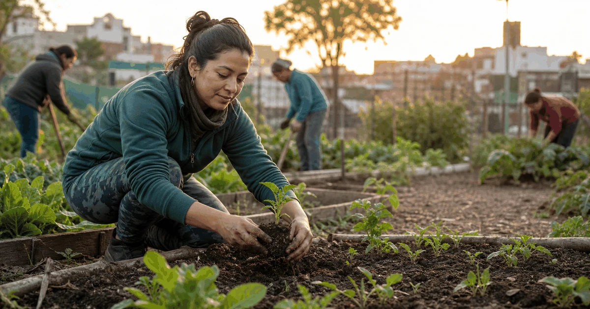 Mujer adulta latinoamericana planta un brote en una huerta comunitaria al amanecer, en una escena de propósito, contribución y esperanza realista.