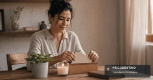 Mujer latinoamericana guarda una carta en una caja junto a una vela y una planta, realizando un ritual personal para cerrar una etapa.