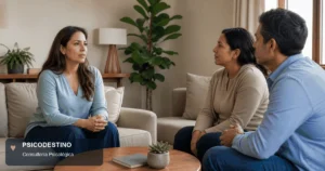 Mujer latinoamericana conversa serenamente con dos familiares en una sala cálida, representando límites emocionales y cuidado de los vínculos.