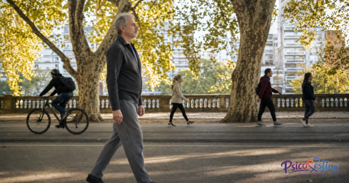 Hombre argentino mayor practica meditación caminando con los ojos abiertos en el Parque Independencia de Rosario.