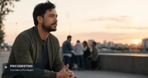 Hombre latinoamericano en actitud reflexiva al atardecer, con un grupo desenfocado detrás, representando rechazo, aceptación y seguridad emocional.