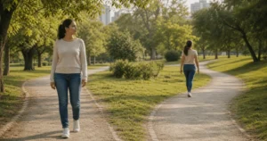 Dos mujeres adultas recorren senderos diferentes en un parque luminoso, una escena que simboliza avanzar con tiempos y caminos propios.