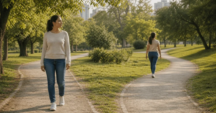 Dos mujeres adultas recorren senderos diferentes en un parque luminoso, una escena que simboliza avanzar con tiempos y caminos propios.