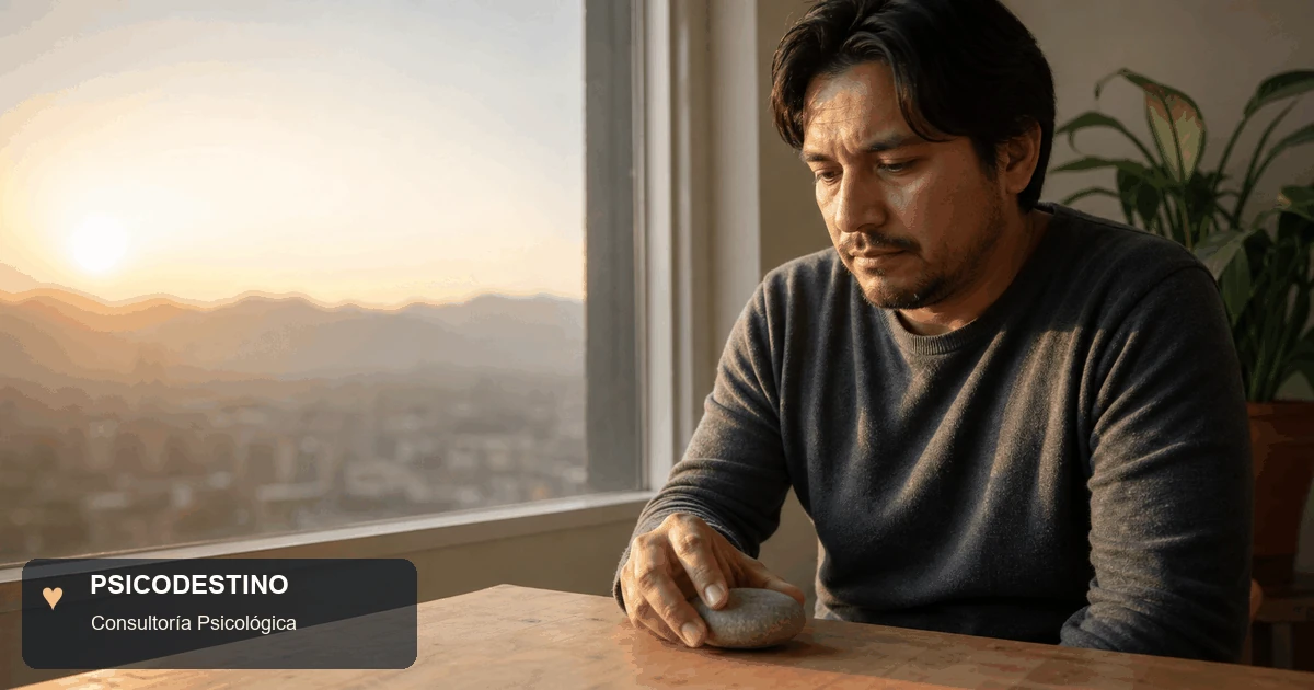 Hombre latinoamericano observa una piedra sobre una mesa junto a una ventana al amanecer, simbolizando resentimiento y posibilidad de soltar.