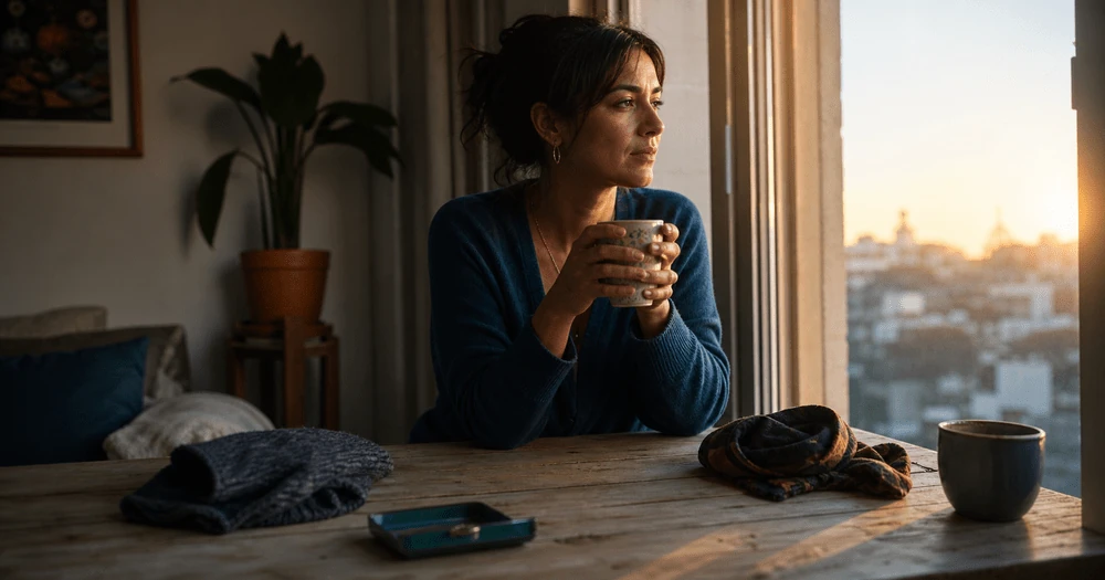Mujer adulta junto a una ventana al atardecer, sosteniendo una taza mientras atraviesa con serenidad el duelo por una relación terminada.