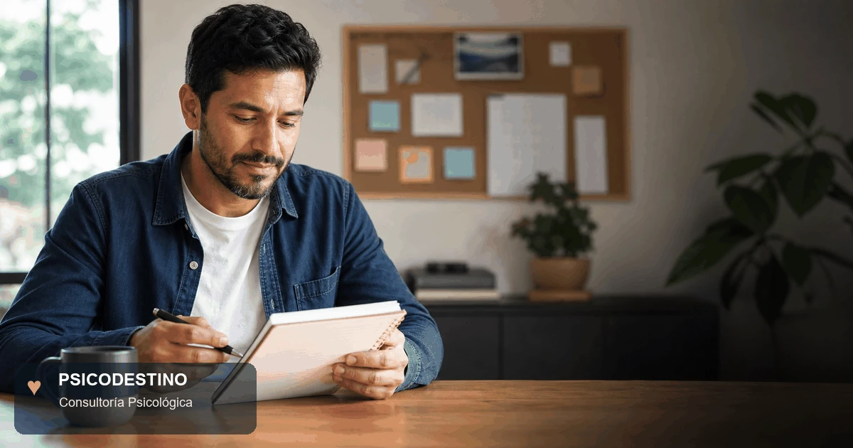 Hombre latinoamericano revisando un cuaderno en un espacio luminoso y ordenado, como símbolo de claridad para definir objetivos alcanzables.